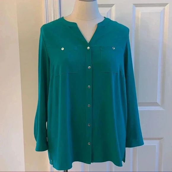 Susan Graver Plus Size 18W Roll Tab Sleeve Tunic Blouse Band Collar Button Front - Picture 2 of 11